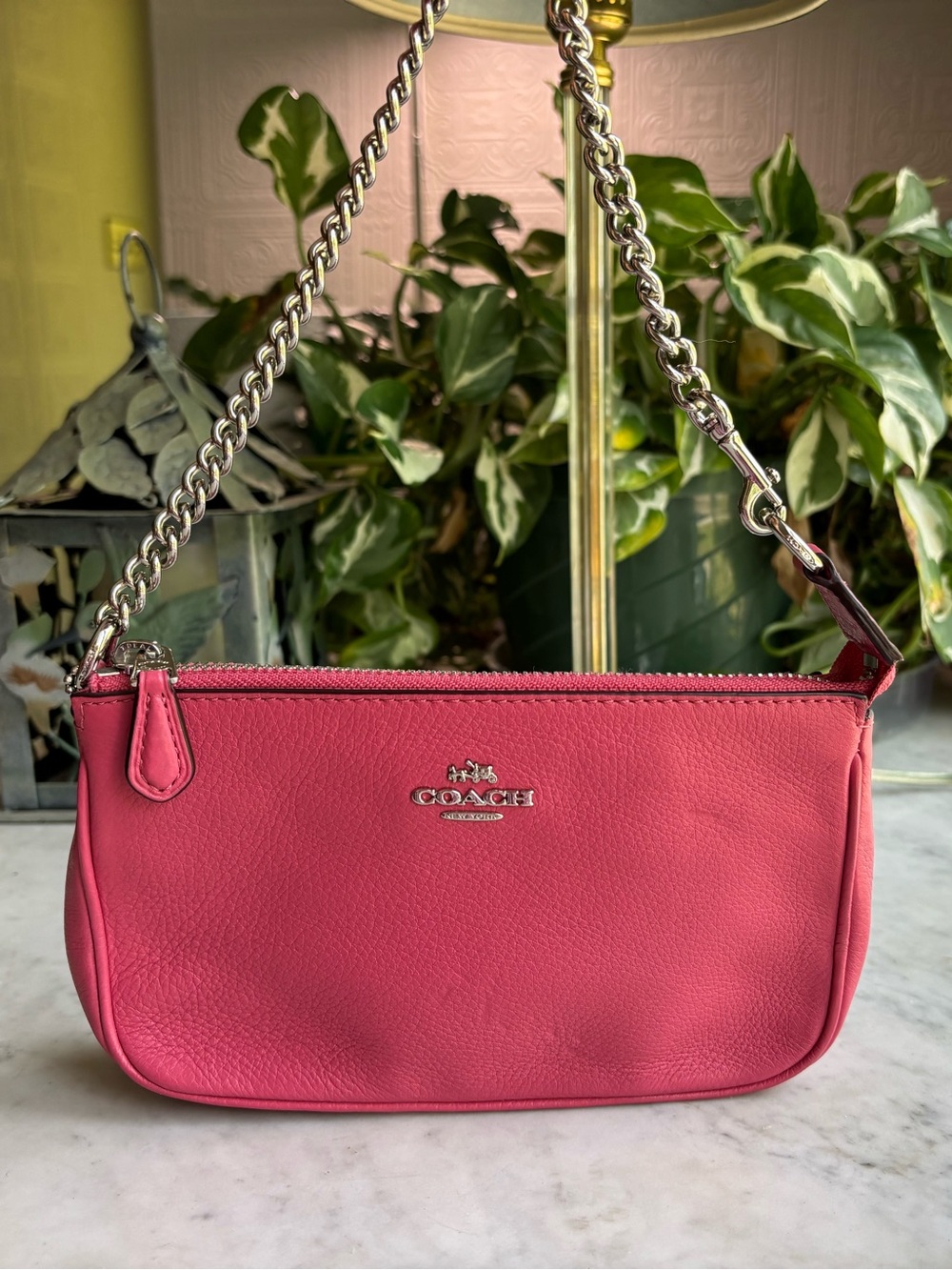 Coach Pink Pebble Leather Wristlet with Chain Strap